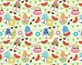 SUM3 - Summer Gnomes Fabric, Beach Gnomes Fabric, Custom Printed Fabric By The Yard