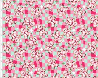 WNT347 - Christmas Pink Gingerbread Man Fabric, Retro Checkered Gingerbread Man Fabric, Custom Printed Fabric By The Yard