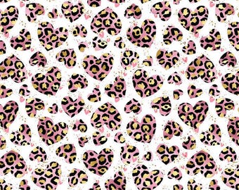 VAL71 - Heart Fabric, Valentine Heart Fabric, Pink Gold Leopard Hearts Fabric By The Yard