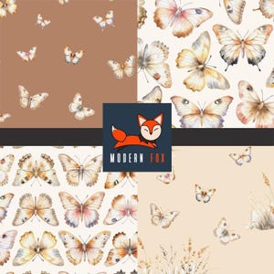 May include: A collage of four patterned backgrounds featuring watercolor butterflies in various colors. The butterflies are in shades of brown, beige, and pink. The Modern Fox logo is in the center.
