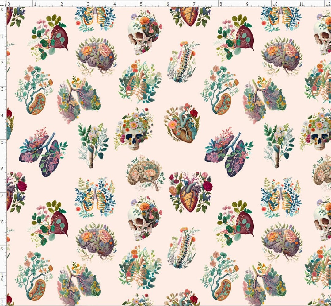 Organ Anatomy Fabric, Floral Heart Lungs Anatomy Fabric by the Yard ...
