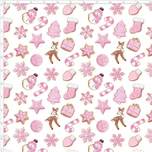 WNT326 - Christmas Cookies Fabric, Sugar cookies Fabric, Pink Christmas Cakes, Gingerbread cookies Fabric