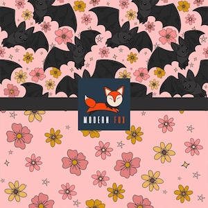 HAL231 - Bat Halloween Fabric By The Yard, Retro Halloween Fabric, Pink Halloween Fabric, Custom Printed Fabric By The Yard