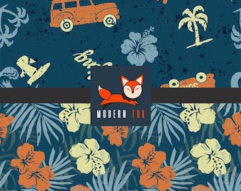 SUM27 - Tropical Flower Fabric, Hawaiian Flowers, Summer Fabric, Surfing, Beach, Surf Up Fabric By The Yard