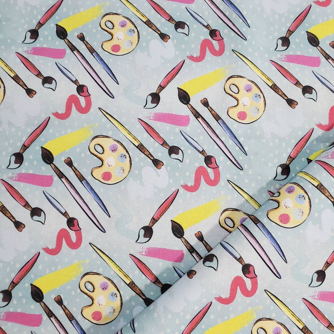 Paint Brush Cotton Fabric by the Yard, Art Supplies Fabric, Artist
