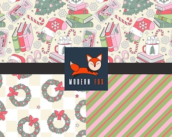 May include: A festive pattern featuring Santa Claus, Christmas trees, books, mugs of hot cocoa, candy canes, and snowflakes. Below are patterns of wreaths with red bows and pink and green stripes. The Modern Fox logo is in the center.