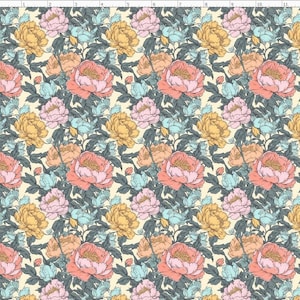 Vintage Peony Floral Pattern Fabric,  Flower Fabric, Custom Printed Fabric by The Yard (FLW264A)