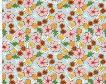 SUM21 - Tropical Flower Fabric, Hawaiian Flowers, Summer Fabric, Hibiscus Flower, Pineapple Fabric By The Yard
