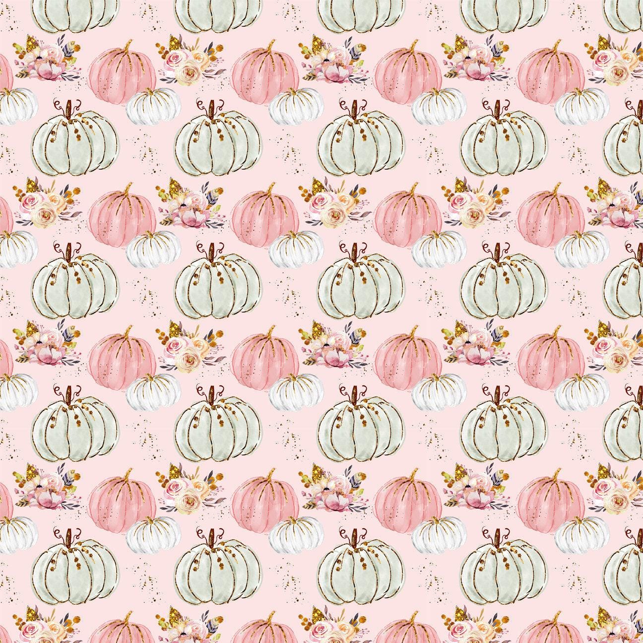 Pink Halloween Fabric By The Yard, Pink Pumpkin, Pink and Gold Jack O lantern, Gold Pumpkin, Pink and Gold Pumpkin Halloween (HAL21)