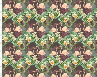 FMG7 - Flamingo with Flowers Fabric, Custom Printed Fabric By The Yard