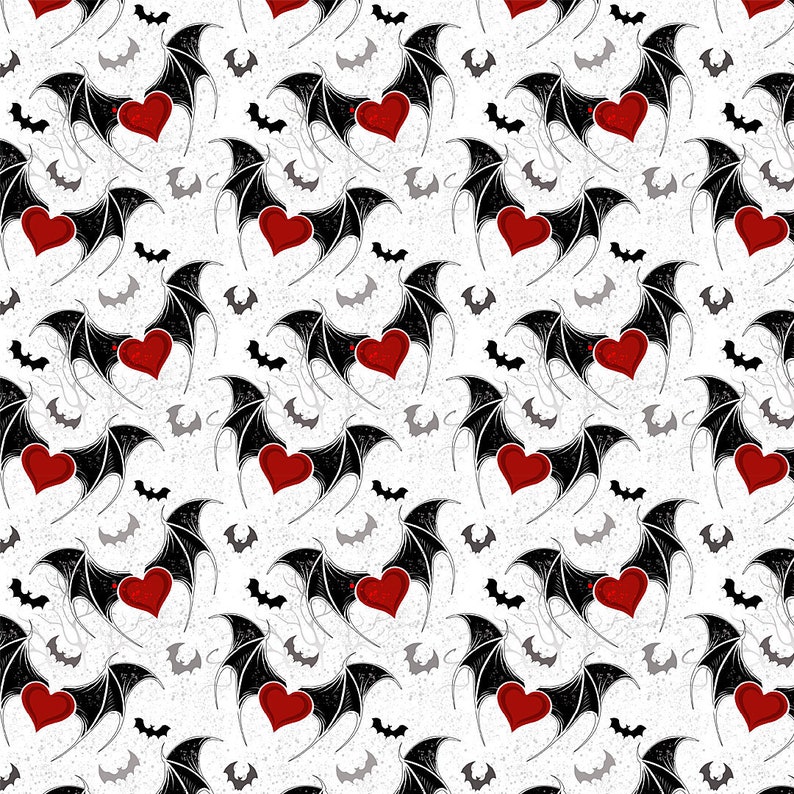 Bat and Red Heart Fabric Halloween Bat Fabric Custom Print Etsy
