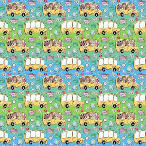 Back to School Kids Novelty Cotton Fabric By The Yard, School Supplies Fabric, School Bus Fabric (BTS30)