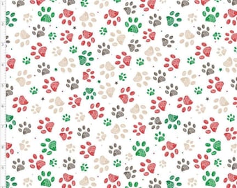 WNT328- Christmas Dog Paws, Red white Green Paws, Holidays Fabric, Custom Printed Fabric By The Yard