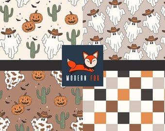 HAL243 - Western Halloween, Happy Halloween Fabric By The Yard, Cute ghost Fabric, Western Ghost Fabric, Custom Printed Fabric By The Yard