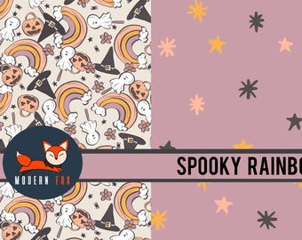 Spooky Rainbow Halloween Fabric By The Yard, Witch Halloween Fabric, Rainbow Fabric, Custom Printed Fabric By The Yard (HAL162)