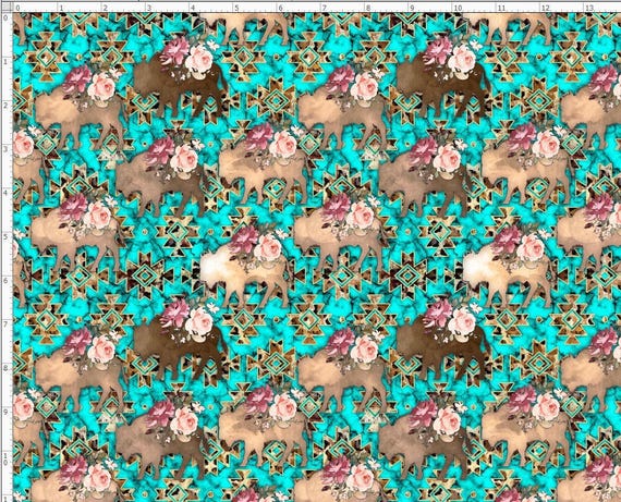 Cow Girl Fabric,  Cowboy Fabric , Southwestern Fabric, Aztec, Rodeo Fabric, Thunderbird, Bison, Custom Printed Fabric (WES18)