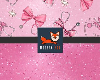 MED82 - Pink Coquette Bow with Stethoscope, Pink Coquette Bow Nurse, Medical Fabric, Health Care Fabric, Nurse Fabric, Custom Printed Fabric