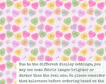 VAL41 - Candy Hearts Fabric, Valentines Heart Fabric, Candy Fabric, Valentines Day Conversation Hearts, custom Printed Fabric