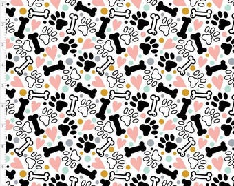 PW8 - Cute Dogs and Cats Paw Prints with Hearts and Bones Fabric, Custom Printed Fabric By The Yard