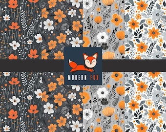 FLW350 - Autumn Flower, Fall Flower Pattern Fabric, FLW350 - Orange and Gray Autumn Flower Fabric, Custom Printed Fabric by The Yard