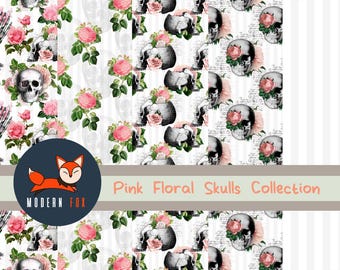 Pink Skull Flowers Fabric By The Yard, Halloween Fabric, Sugar Skulls Fabric, Custom Print Fabric (COL.5)