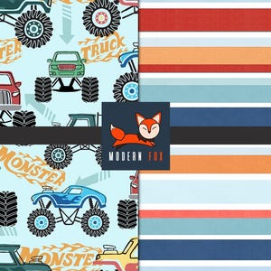 May include: A light blue patterned fabric featuring colorful monster trucks and the word "Monster Truck" in orange. The design includes various monster truck illustrations in red, green, and blue. A second fabric has horizontal stripes in red, orange, blue, and black.