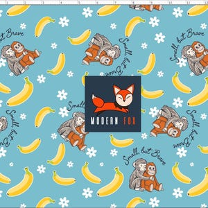 May include: A repeating pattern on a light blue background featuring cartoon monkeys hugging, yellow bananas, and white flowers. The text "Small, but Brave" is also included. A Modern Fox logo is in the center.