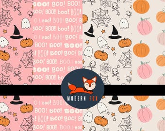 Happy Halloween Fabric By The Yard, Pink ghost Fabric, Pink Halloween Fabric, Custom Printed Fabric By The Yard (HAL183)