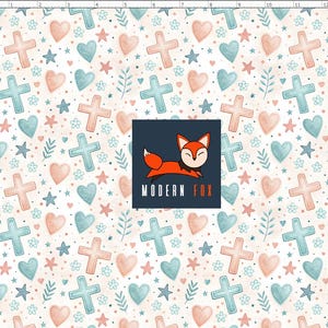 Puede incluir: Un patr&oacute;n repetitivo con cruces, corazones, estrellas y elementos florales en suaves colores pastel melocot&oacute;n, turquesa y azul sobre un fondo crema. El logotipo de Modern Fox est&aacute; en el centro.