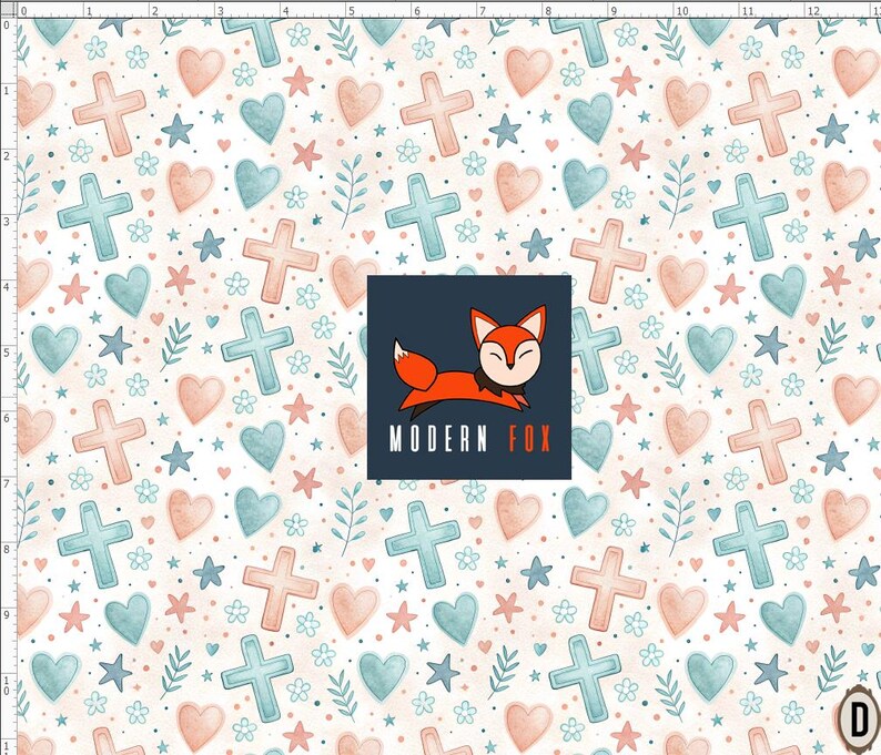 Puede incluir: Un patr&oacute;n repetitivo con cruces, corazones, estrellas y elementos florales en suaves colores pastel melocot&oacute;n, turquesa y azul sobre un fondo crema. El logotipo de Modern Fox est&aacute; en el centro.