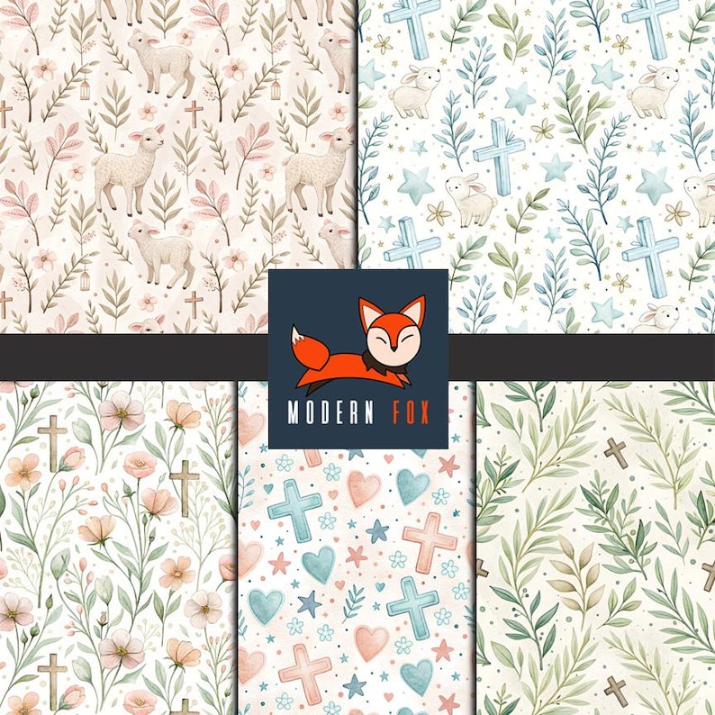 Puede incluir: Una colecci&oacute;n de patrones de acuarela con corderos, cruces, flores y follaje en colores pastel suaves. Los patrones incluyen elementos como estrellas, corazones y conejitos, con un logotipo que dice "MODERN FOX".