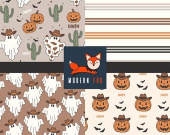 HAL244 - Western Halloween, Happy Halloween Fabric By The Yard, Cute ghost Fabric, Western Ghost Fabric, Custom Printed Fabric By The Yard