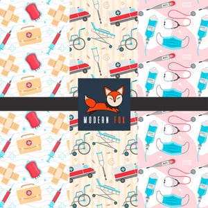 May include: A collection of seamless patterns featuring medical equipment and supplies. Includes ambulances, stethoscopes, face masks, syringes, bandages, and first aid kits. The patterns are in various color schemes, including white, pink, and beige.