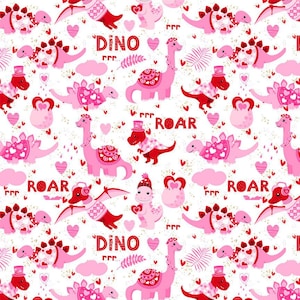 VAL80 - Valentines Dinosaur Fabric, Pink dinosaur Fabric, Valentines Fabric, Custom Printed Fabric