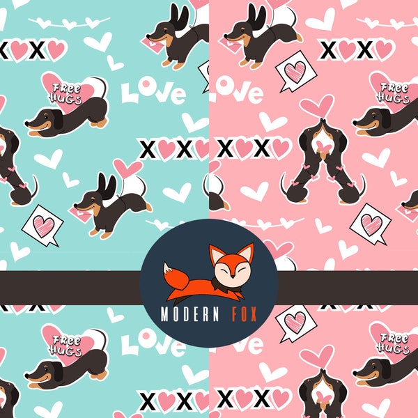 VAL142 - Adorable Dachshund Fabric by the Yard, Dachshund dogs and hearts, Pet Fabric, Fabric By the yard