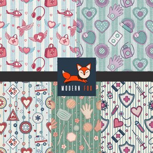 May include: A collection of four seamless patterns with medical and healthcare themes. The patterns feature various elements like hearts, medical bags, stethoscopes, and ambulances, set against striped backgrounds in shades of blue, red, and green. The Modern Fox logo is also present.