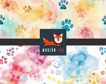 PW17 - Colorful Watercolor Paw Prints Fabric, Pets, Cats, Dog, Custom Printed Fabric By The Yard