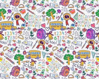 Back to School Kids Novelty Cotton Fabric By The Yard, School Supplies Fabric, School Pattern Fabric (BTS1)