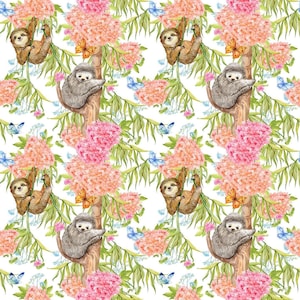 Sloth Fabric by the Yard. Sloth Wild Animal Jungle Pattern, 100% Organic Interlock Knit cotton, Kona Cotton, Cotton Spandex Jersey (SLTH5) imagen 1