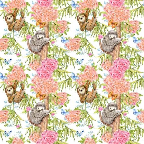 Sloth Fabric by the Yard. Sloth Wild Animal Jungle Pattern, 100% Organic Interlock Knit cotton, Kona Cotton, Cotton Spandex Jersey (SLTH5)