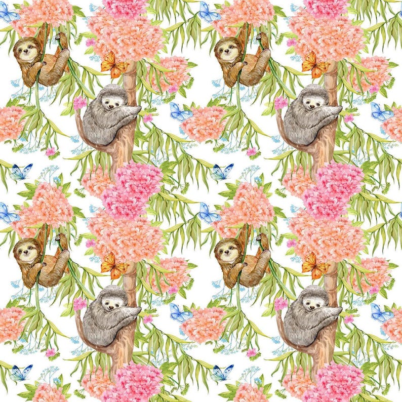Sloth Fabric by the Yard. Sloth Wild Animal Jungle Pattern, 100% Organic Interlock Knit cotton, Kona Cotton, Cotton Spandex Jersey (SLTH5) imagen 1