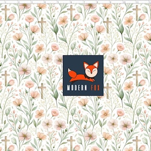 Puede incluir: Un patr&oacute;n floral con flores y cruces de estilo acuarela en tonos melocot&oacute;n y crema suaves. Hojas y tallos verdes se entrelazan con las flores y las cruces sobre un fondo blanco. El logotipo de Modern Fox est&aacute; en la esquina inferior derecha.
