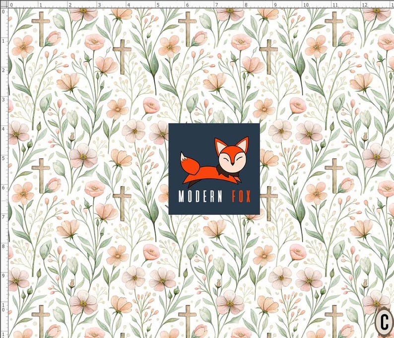 Puede incluir: Un patr&oacute;n floral con flores y cruces de estilo acuarela en tonos melocot&oacute;n y crema suaves. Hojas y tallos verdes se entrelazan con las flores y las cruces sobre un fondo blanco. El logotipo de Modern Fox est&aacute; en la esquina inferior derecha.
