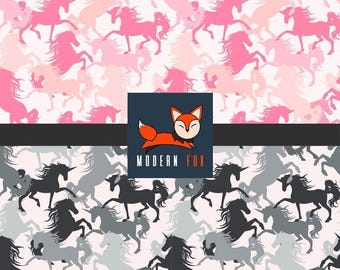 HOR2 - Pink Horses, Gray Horses, Custom Printed Fabric