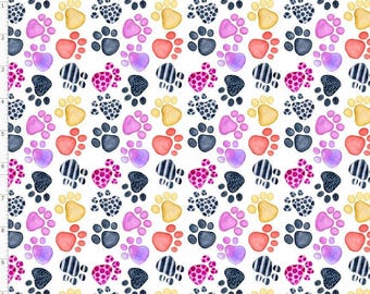 PW7 - Colorful Watercolor Paw Prints Fabric, Pets, Cats, Dog, Custom Printed Fabric By The Yard