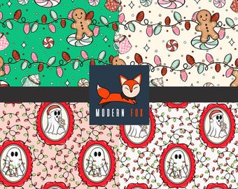 WNT419 - Christmas Gingerbread Man Fabric, Christmas Lights Fabric, Cute Ghost Santa, Custom Printed Fabric By The Yard