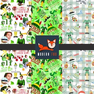May include: A collection of Christmas-themed fabric patterns featuring imagery from the movie "Elf." Designs include quotes, characters, and festive elements like ornaments and gifts. The patterns are in green, white, and red.