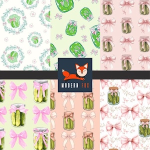 May include: A collection of watercolor patterns featuring jars of pickles with pink bows and floral accents. The patterns are set against various pastel backgrounds, including white, light green, and pink. The Modern Fox logo is also present.