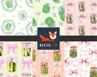 PCKL3 - Coquette Pink Bow Pickles Fabric, Coquette Dills Fabric, Veggie Fabric, Cucumber Fabric, Funny Pickle, Custom Printed Fabric