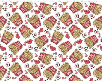 VAL116 - Valentine Fabric, Fries Before Guys Fabric, French Fries Valentines Fabric, Custom Printed Fabric